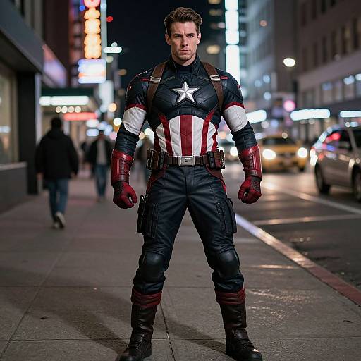 Photograph of a muscular man in Captain America's costume standing confidently on a neon-lit city street at night.