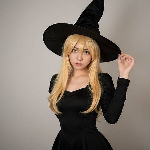 Photograph of a blonde woman with long hair, wearing a black witch hat and dress, posing against a plain gray background.