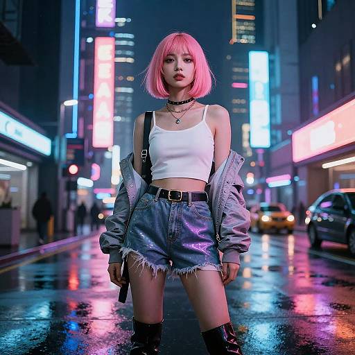Neon-lit cyberpunk street at night: pink-haired woman in white crop top, denim shorts, oversized jacket, black boots, holding gun,