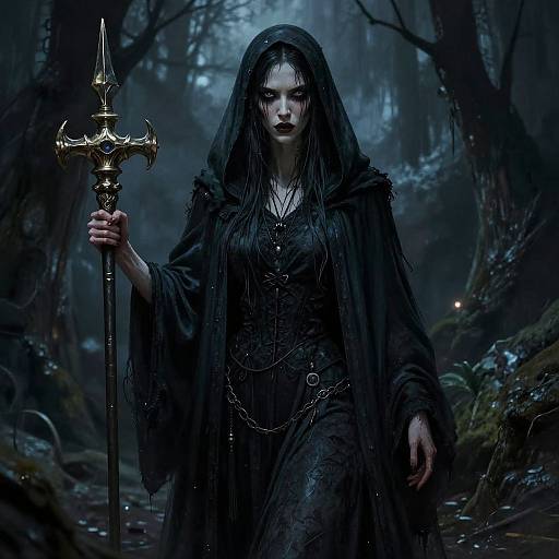 Dark, gothic fantasy illustration of a pale, black-haired woman with dark lipstick, wearing a black hooded cloak and holding a gold, ornate