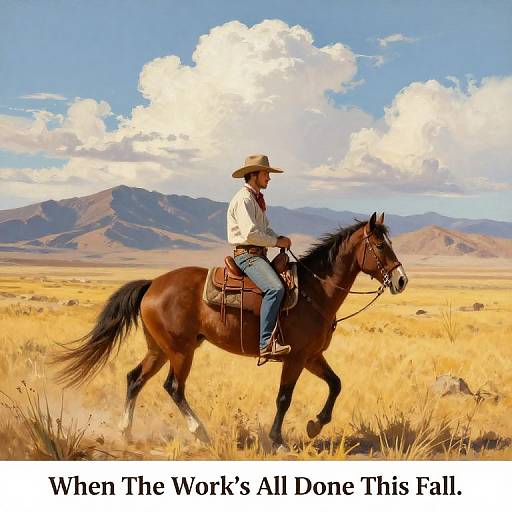 Photograph of a cowboy in a white shirt and hat riding a brown horse through a golden grassy plain with mountains and clouds, captioned 