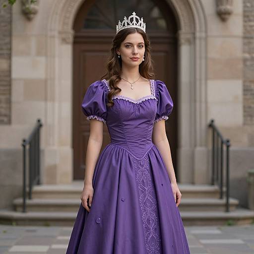 Photograph of a young woman with long brown hair, wearing a purple medieval-style gown and silver tiara, standing in front of a stone archway