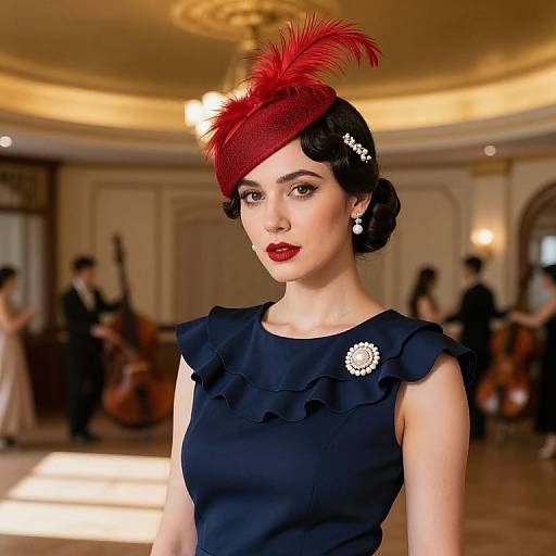 Photograph of a pale-skinned woman with red lipstick, black ruffled dress, and red feathered hat, in an elegant, vintage ballroom