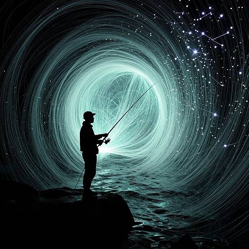 Silhouetted fisherman with rod stands on rocky shore, casting into glowing, swirling cosmic vortex filled with stars and constellations. Digital art