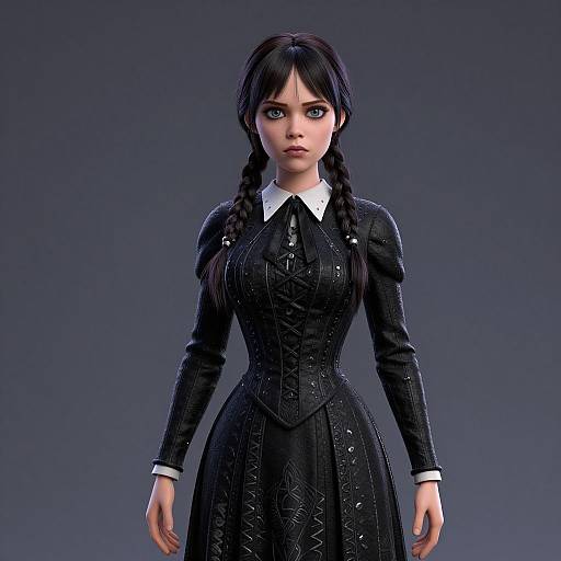 Digital CGI of a young woman with fair skin, dark braided hair, blue eyes, wearing a black Victorian-style dress with intricate patterns, white collar