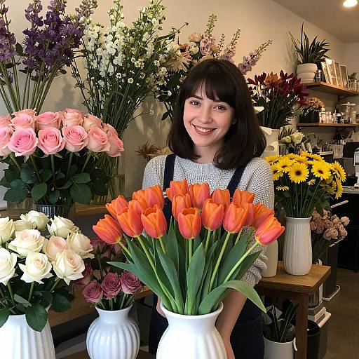 Photograph of a smiling Asian woman with dark hair in a gray sweater, standing in a flower shop filled with vibrant tulips, pink roses, yellow