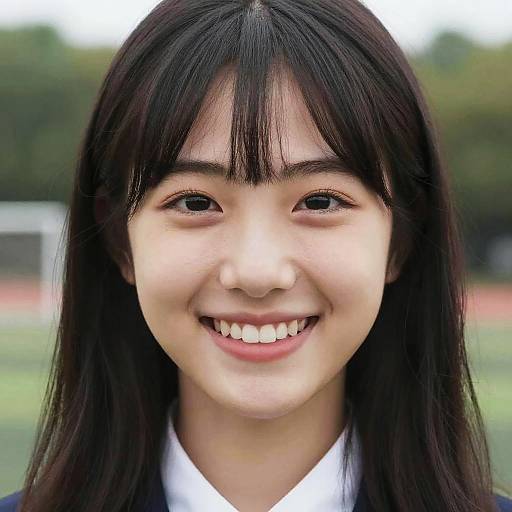 Smiling Asian Schoolgirl with Flat Bangs