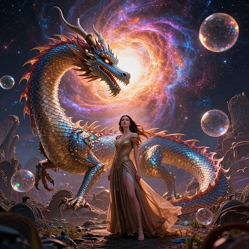 Digital artwork: A glowing, blue-scaled dragon with fiery eyes and purple accents stands behind a serene woman in an ornate, flowing gown, surrounded