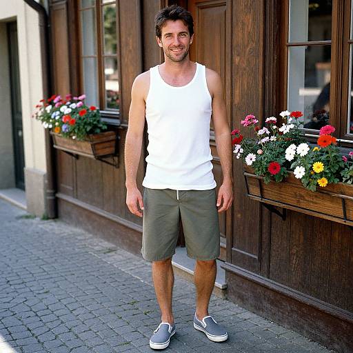 Photograph of a smiling, muscular man in a white tank top, olive shorts, gray sneakers, standing on a cobblestone street in front of