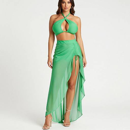 Photograph of a woman with dark hair in a revealing, green, halter-neck, sheer wrap dress with a high slit, and strappy heels