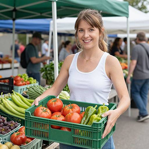 Photograph of a smiling, brown-haired woman in a white tank top, holding green crates of tomatoes and zucchini at an outdoor farmers' market.