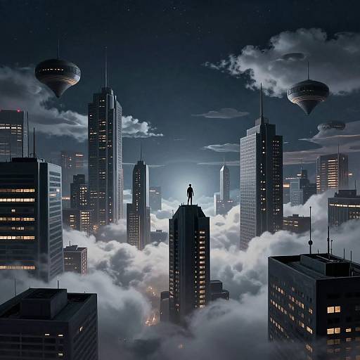 Digital artwork of a futuristic cityscape at night, featuring silhouetted skyscrapers, floating saucer-like structures, and a lone figure standing