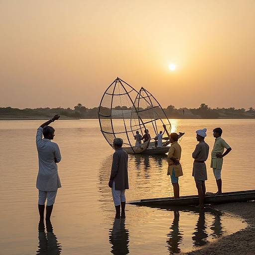 Silhouetted fishermen at sunset, one pointing, standing on a riverbank, traditional basket boat with people in calm water, golden sky.