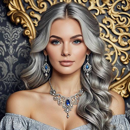 Portrait of Woman with Long Silver Hair and Blue Jewelry