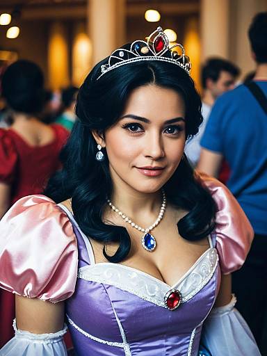 Photograph of a young woman with dark hair, wearing a pink and purple princess dress, tiara, pearl necklace, and blue gem, smiling in