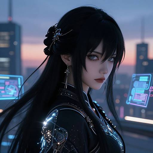 Digital art of a futuristic, pale-skinned woman with long black hair and blue eyes, wearing a shiny black outfit, against a cityscape with neon