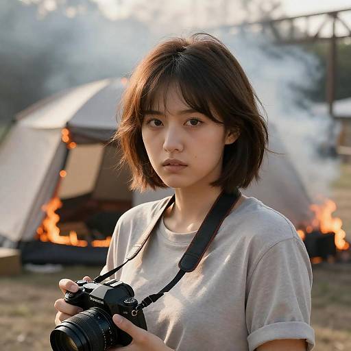Candid Moment: Woman by Burning Tent