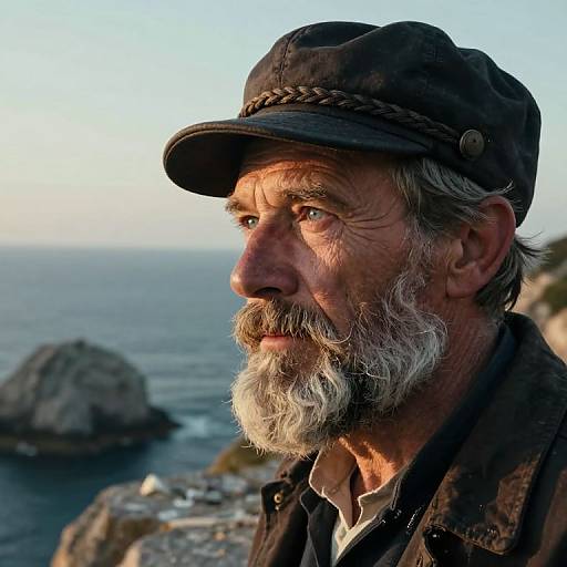 Photograph of an elderly white man with a gray beard, wearing a brown cap and jacket, gazing at the ocean at sunset. Rocks and waves