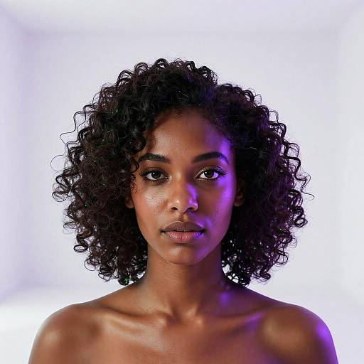 Photograph of a young Black woman with medium brown skin, natural curly black hair, and subtle purple lighting, gazing directly at the camera with a
