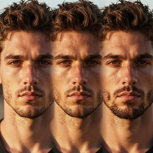 Photograph of a handsome, young Caucasian man with tousled brown hair, stubble, and intense gaze, displayed in a triptych format.