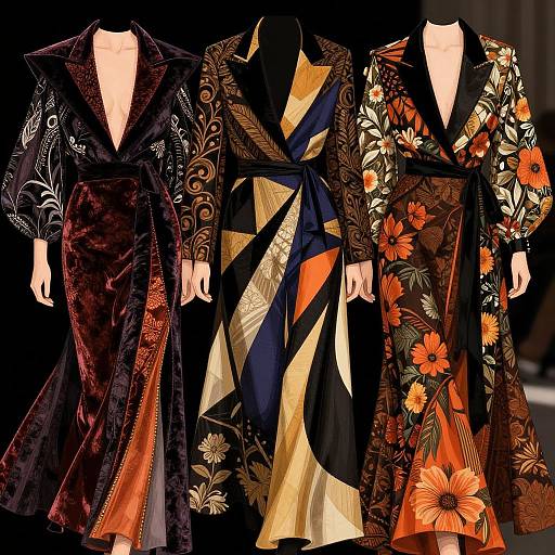 Photograph of three faceless mannequins in elaborate, patterned velvet and floral dresses with deep V-necks, showcasing rich colors and intricate