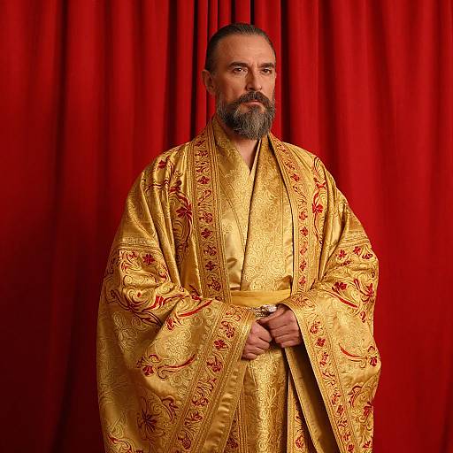 Photograph of an older man with a gray beard, wearing a gold, red-embroidered robe, standing against a red curtain.