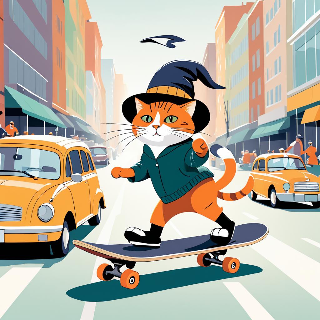 Cat on Skateboard in City Chaos