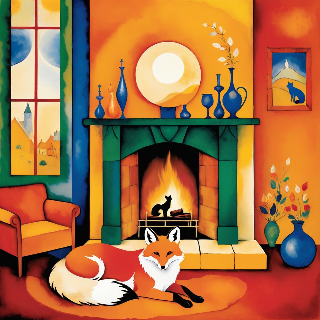 Chagall-Inspired Fox by Cozy Fireplace