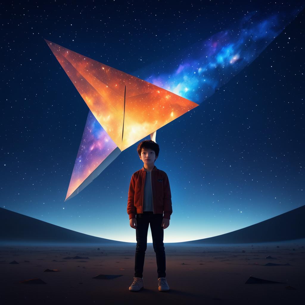 Boy by Giant Paper Airplane in Space