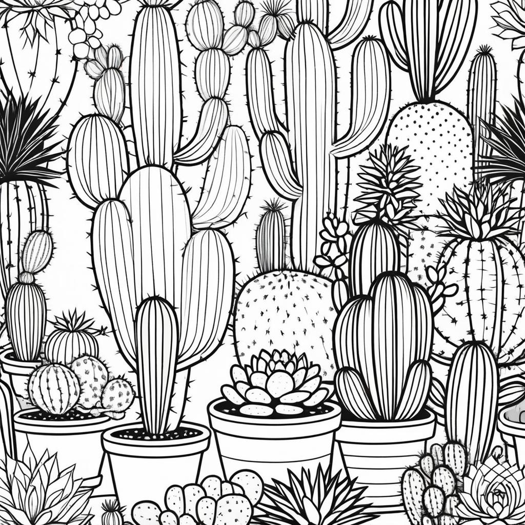 Whimsical Animated Cacti Line Art