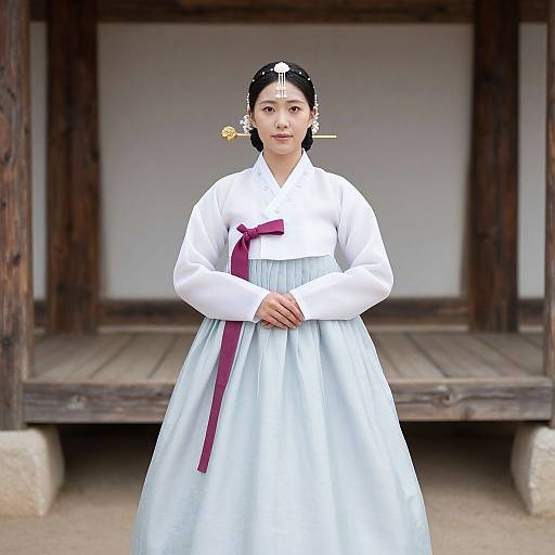 Photograph of a young Korean woman in traditional white hanbok with a red sash, black hair adorned with a hairpin, standing in front