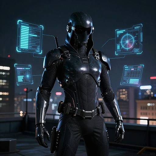 Cybernetic soldier in black armor stands on rooftop at night, surrounded by glowing blue holographic interfaces, city skyline in background.