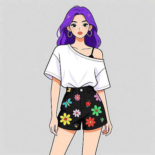 Stylish Woman with Purple Hair in Floral Shorts