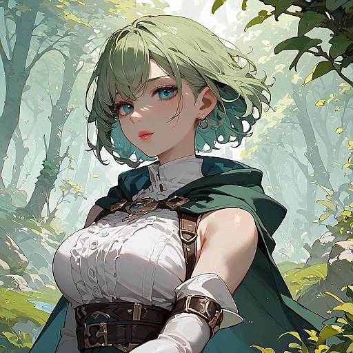 Serious Green-Hooded Girl in Forest