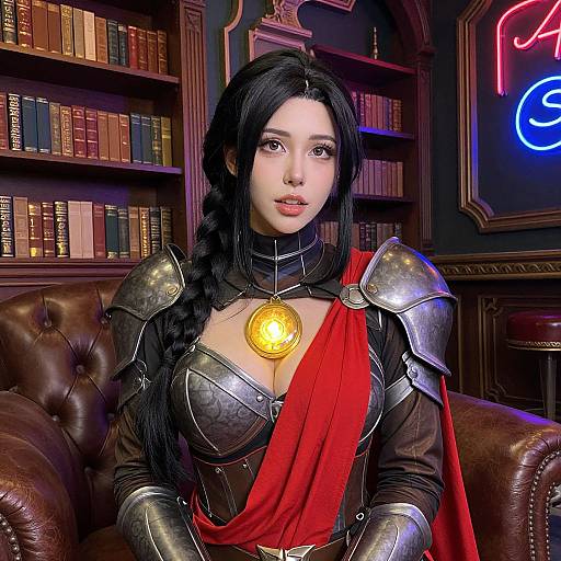Photorealistic digital artwork of an Asian woman in medieval armor with a red cape, glowing chest emblem, in a library with neon lights and booksh
