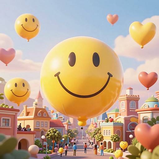 Bright CGI scene of a whimsical town with large, smiling yellow balloons floating above colorful buildings and people walking below.