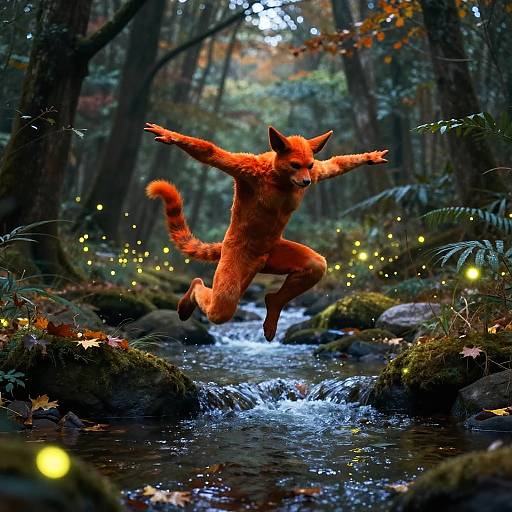 Digital artwork of a red-furred, anthropomorphic fox leaping over a forest stream, surrounded by glowing fireflies and autumn leaves.
