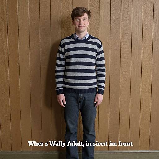 Photograph of a young man with short brown hair, wearing a black-and-white striped sweater, blue jeans, and a collared shirt, standing against