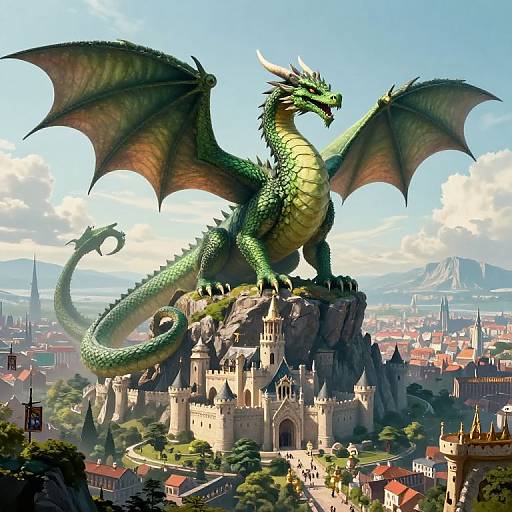 Digital artwork of a green, majestic dragon with large wings perched on a medieval castle, overlooking a sprawling cityscape with red-roofed buildings and