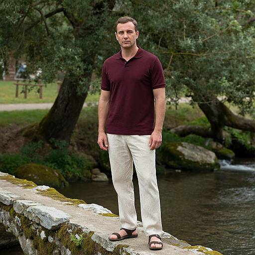 Photograph of a man with short dark hair, wearing a maroon polo shirt, white pants, and black sandals, standing on a mossy stone