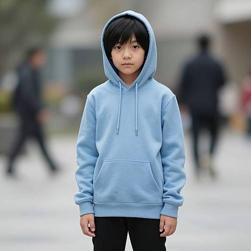 Photograph of a young Asian boy with black hair, wearing a light blue hoodie and black pants, standing in a blurred urban background.