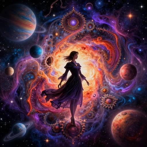 Digital art of a silhouetted woman in a flowing dress, standing on a planet, surrounded by a vibrant, swirling cosmic explosion of colors and