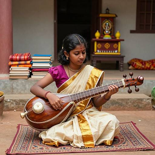 Photograph of a young Indian girl with black hair, wearing a golden-yellow sari with magenta blouse, playing a tanpura in front of