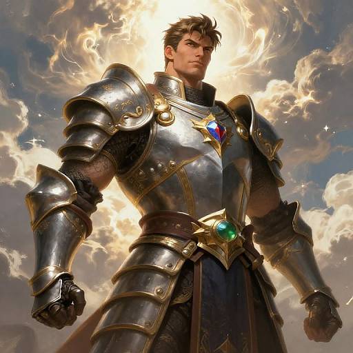 Digital painting of a muscular, handsome man in shining silver armor with gold accents, blue and red gemstones, standing heroically against a dramatic, cloudy