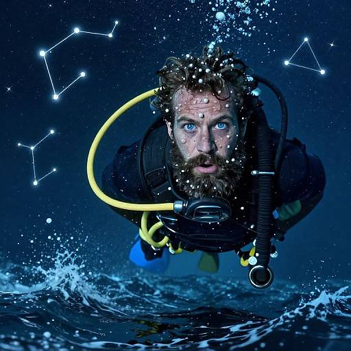 Photographic image of a bearded man with blue eyes, wearing scuba gear, underwater, surrounded by star constellations, with splashing water