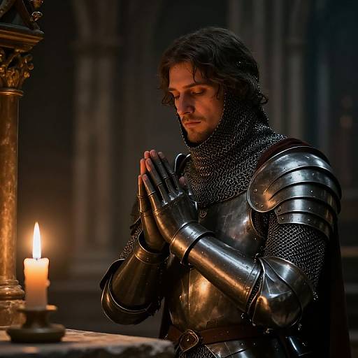 Photograph of a curly-haired, bearded man in medieval armor, praying with hands clasped, illuminated by a single candle in a dimly lit