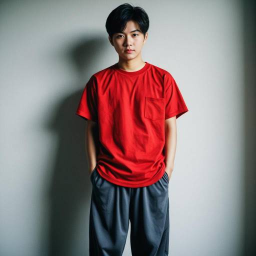 Young Asian Male in Red T-Shirt and Athletic Pants