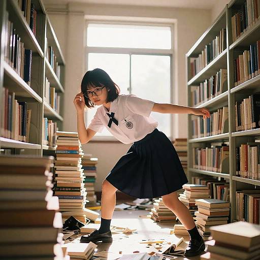 Photograph of a young Asian girl with glasses, black bob haircut, white blouse, black skirt, and socks, navigating through a sunlit library aisle