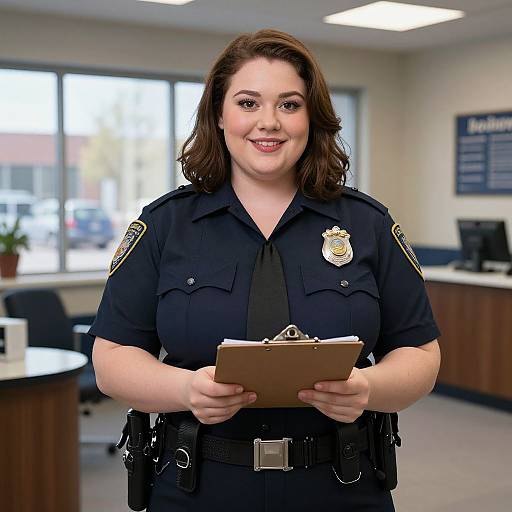 Photograph of a smiling, fair-skinned female police officer with brown hair, holding a clipboard, wearing a dark uniform, standing in a bright office