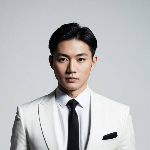 Young Asian Man in White Suit and Black Tie